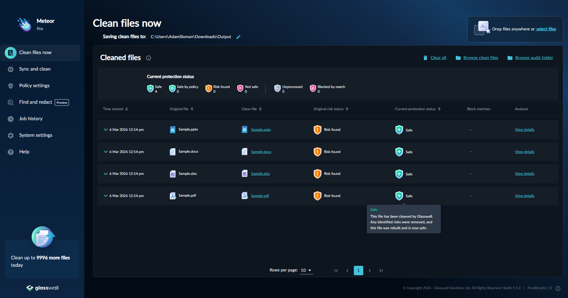 Results page for clean a file showing a range of files that have been processed