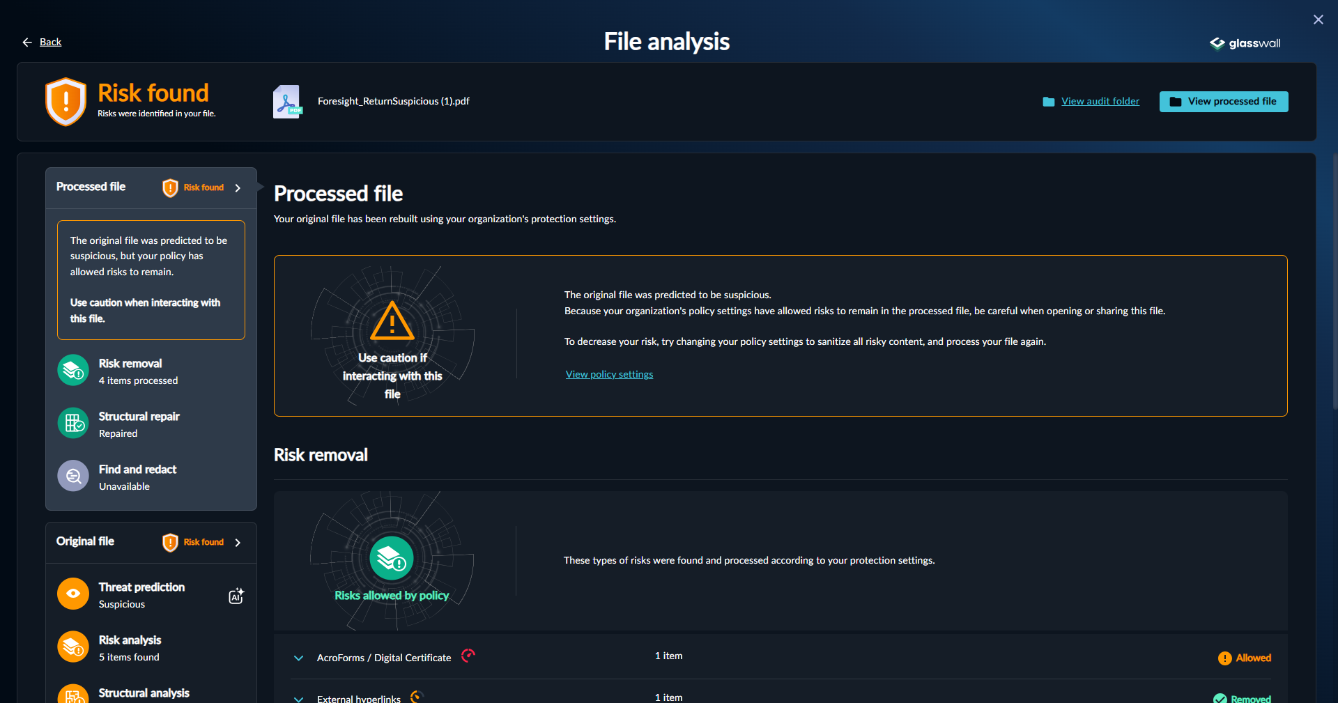 Meteor Analysis page for a file detected as Suspicious with content being allowed