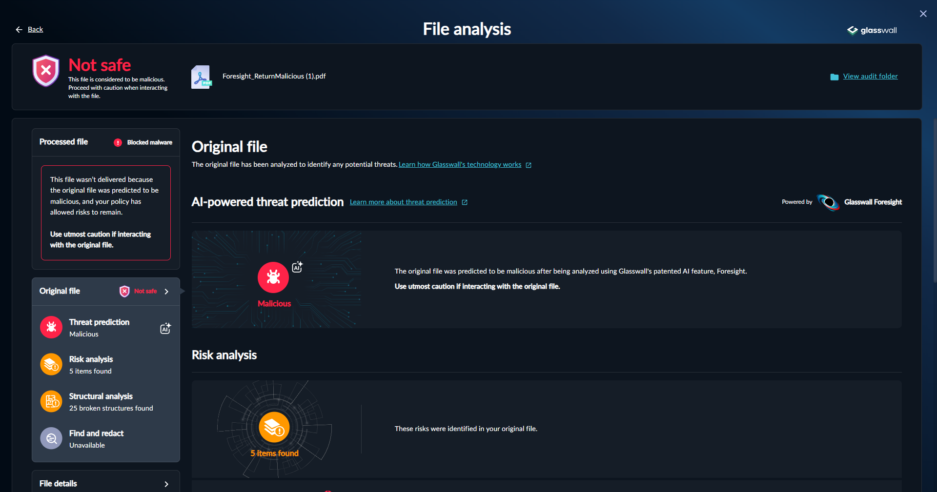 Meteor Analysis page for a file detected as Malicious with content being allowed