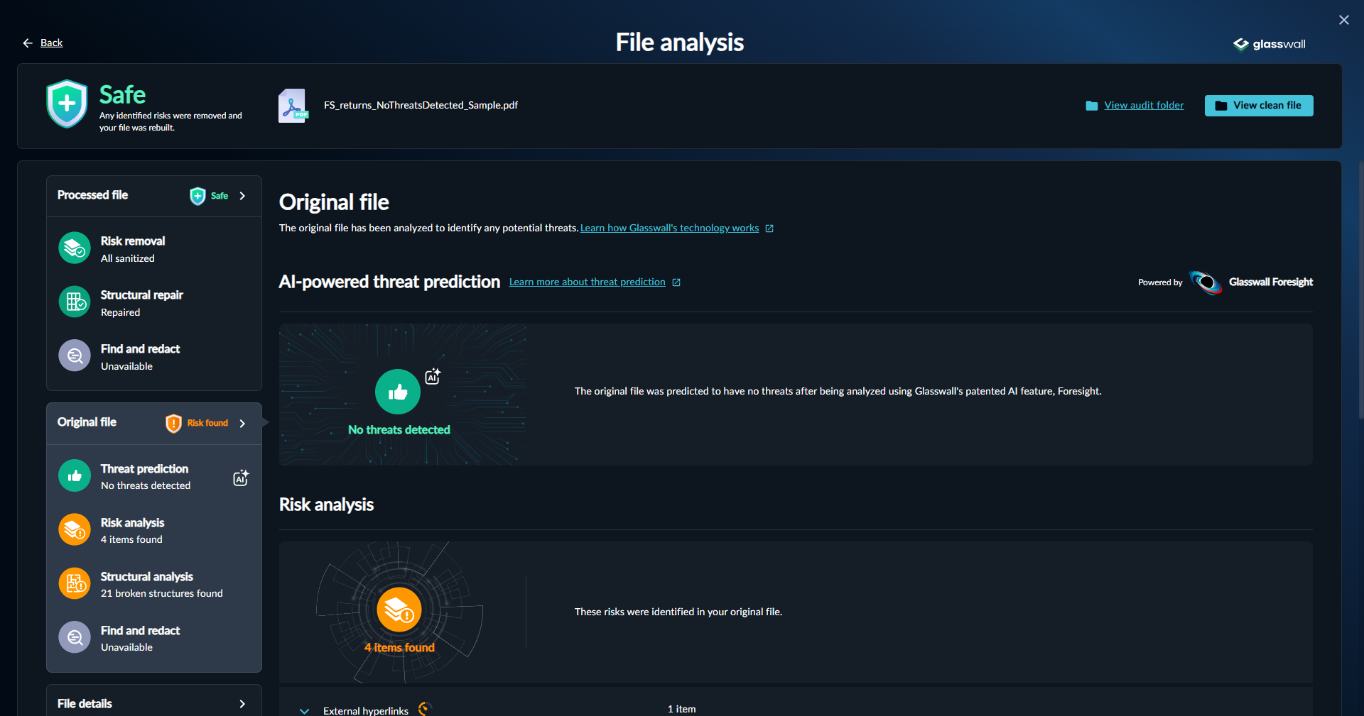 Meteor Analysis page showing no threats detected for the file