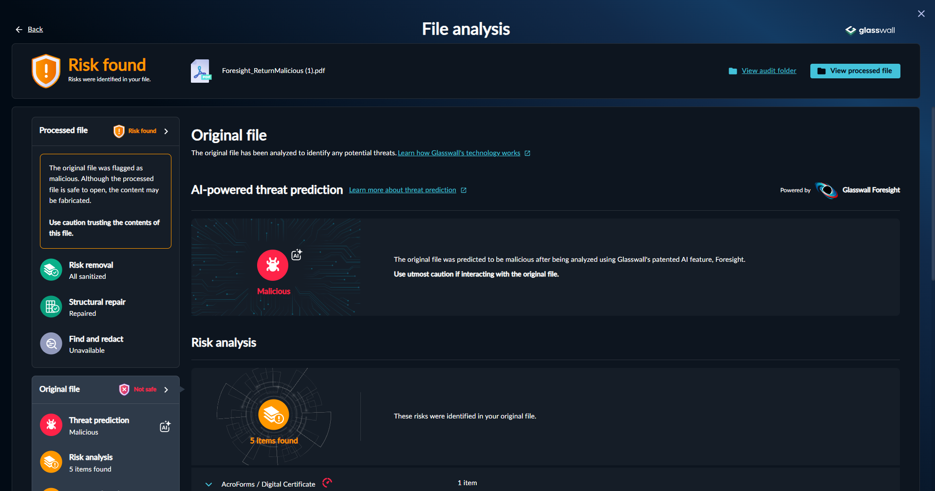Meteor Analysis page showing a file detected as Malicious by Foresight