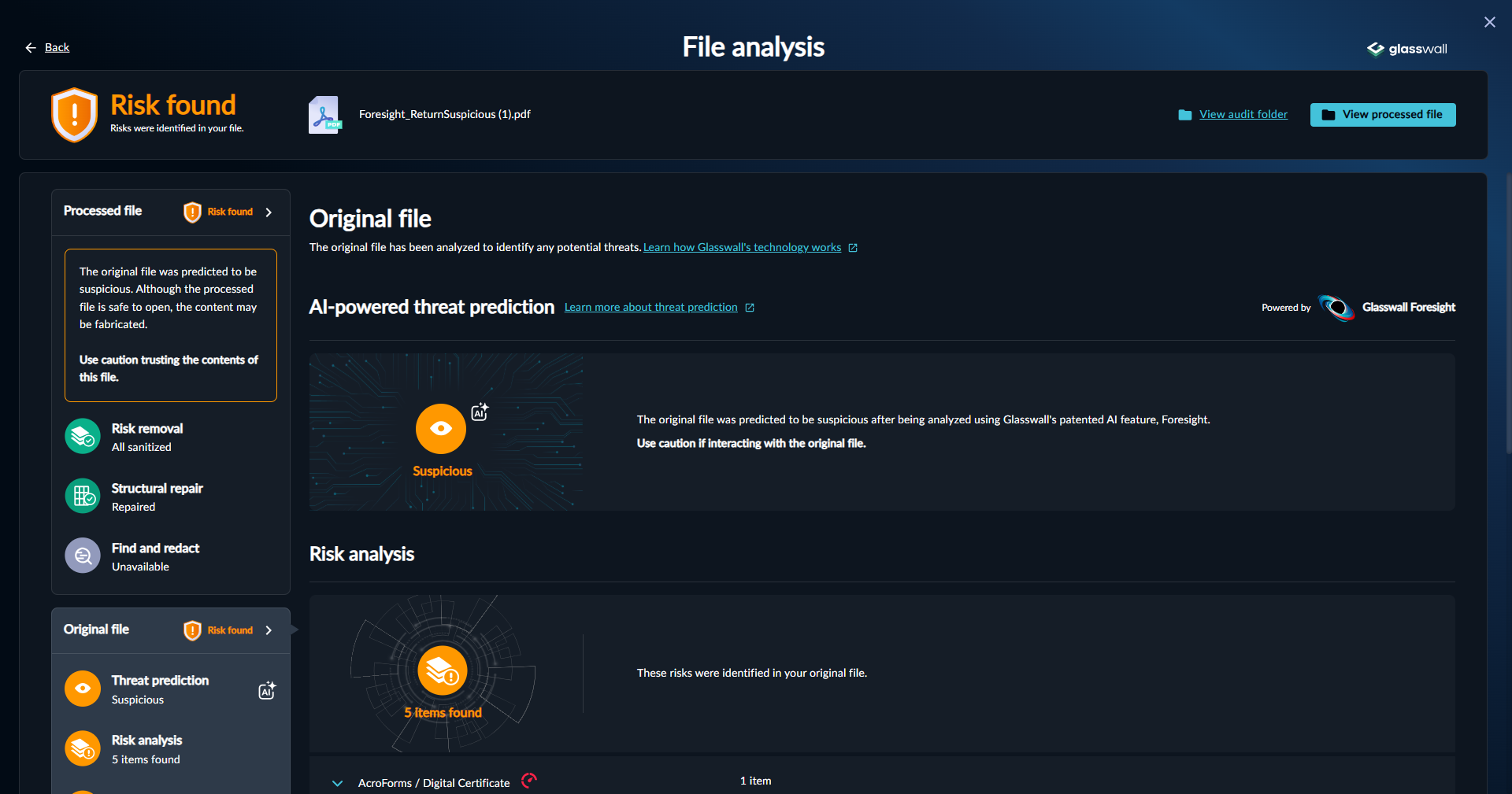 Meteor Analysis page showing a file detected as Suspicious by Foresight