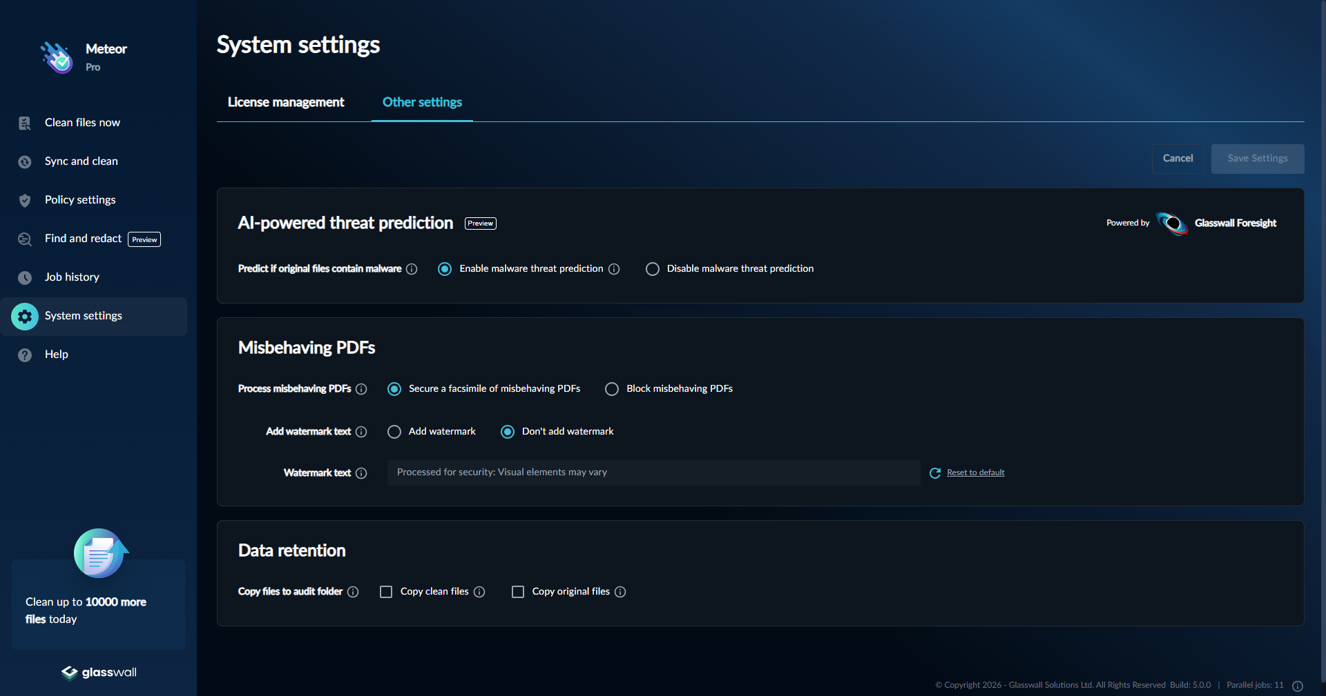 Meteor Settings page showing Glasswall Foresight enabled