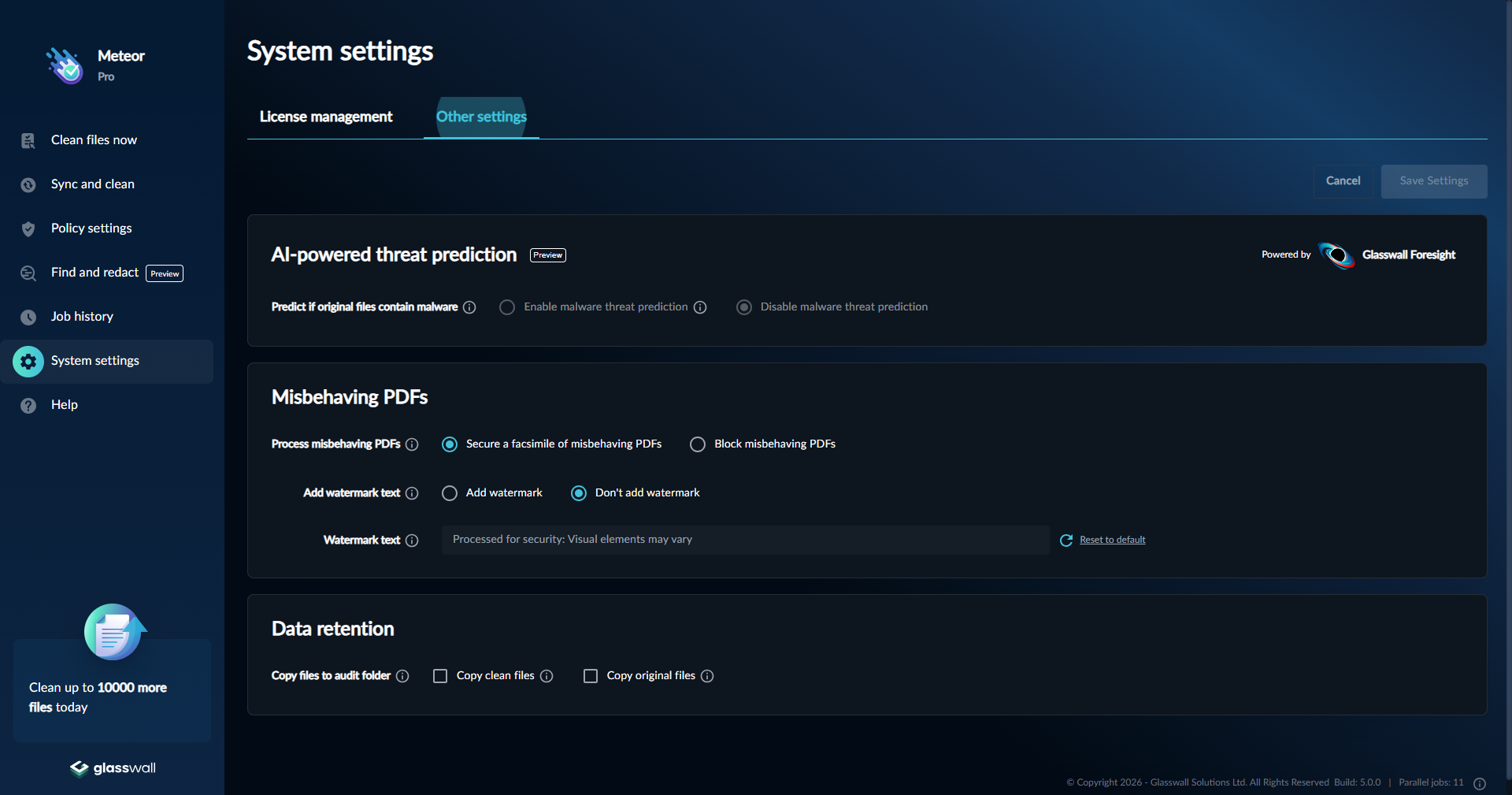Meteor Settings page showing Glasswall Foresight disabled