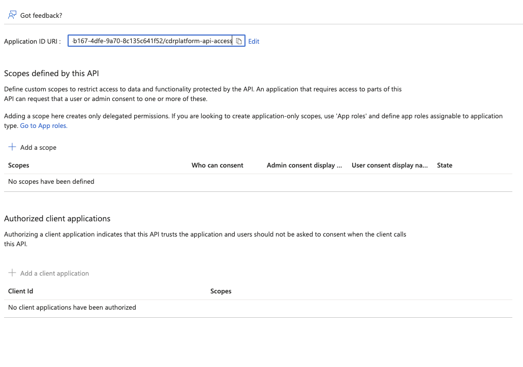Expose an API page showing the Application ID URI set for cdrplatform-api-access
