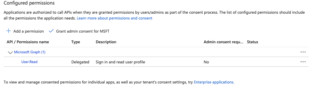 Configured API permissions showing the Microsoft Graph User.Read delegated permission