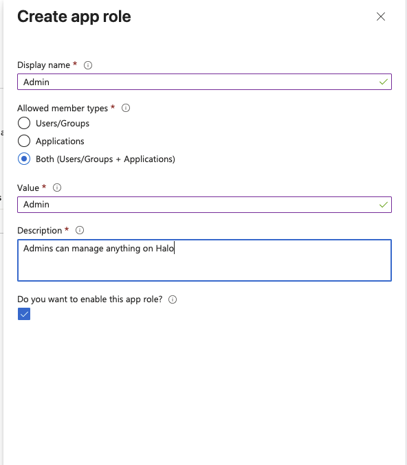 Create app role pane for the Admin role