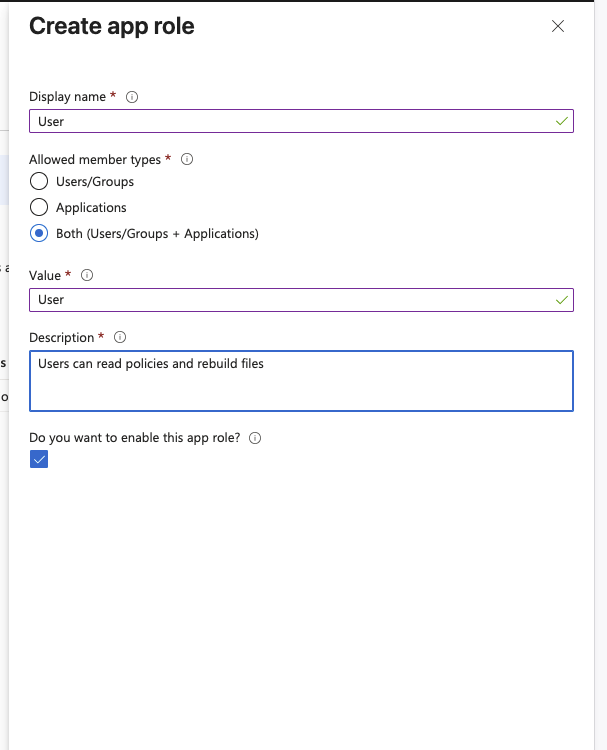 Create app role pane for the User role
