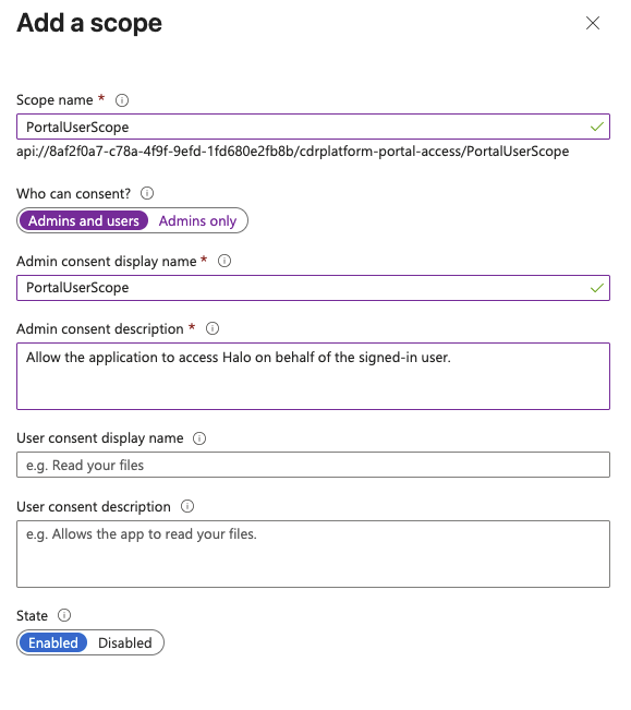 Add a scope pane configuring the PortalUserScope delegated scope