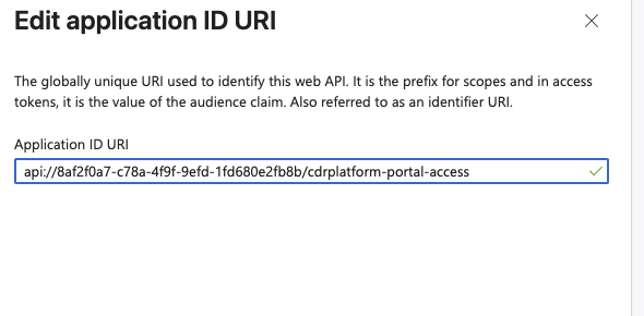 Edit application ID URI flyout showing the cdrplatform-portal-access identifier URI