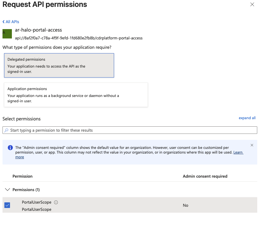 Request API permissions pane granting the PortalUserScope delegated permission from ar-halo-portal-access