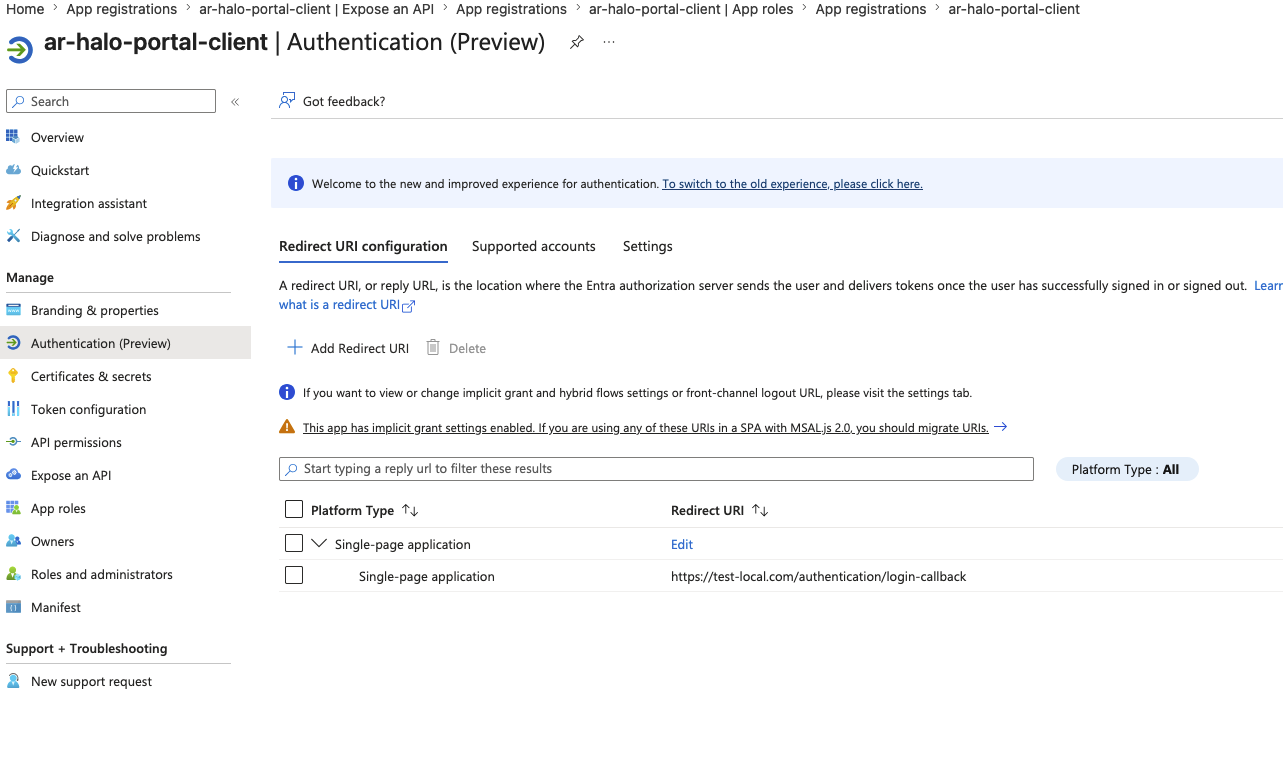 Authentication page showing the single-page application redirect URI for the Portal client