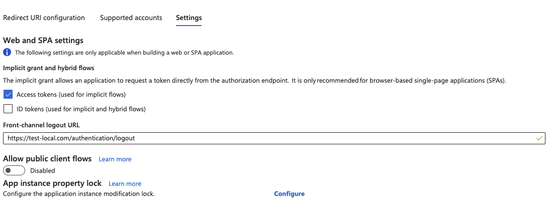 Settings tab showing the front-channel logout URL configured for the Portal client