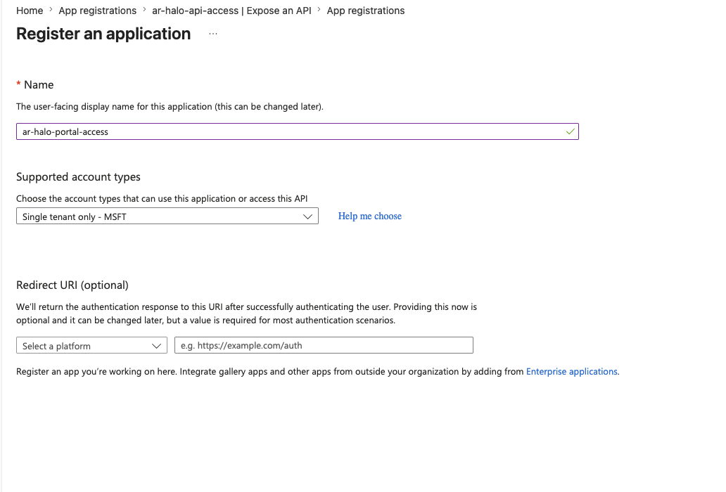 Register an application form with the name set to ar-halo-portal-access and single tenant selected
