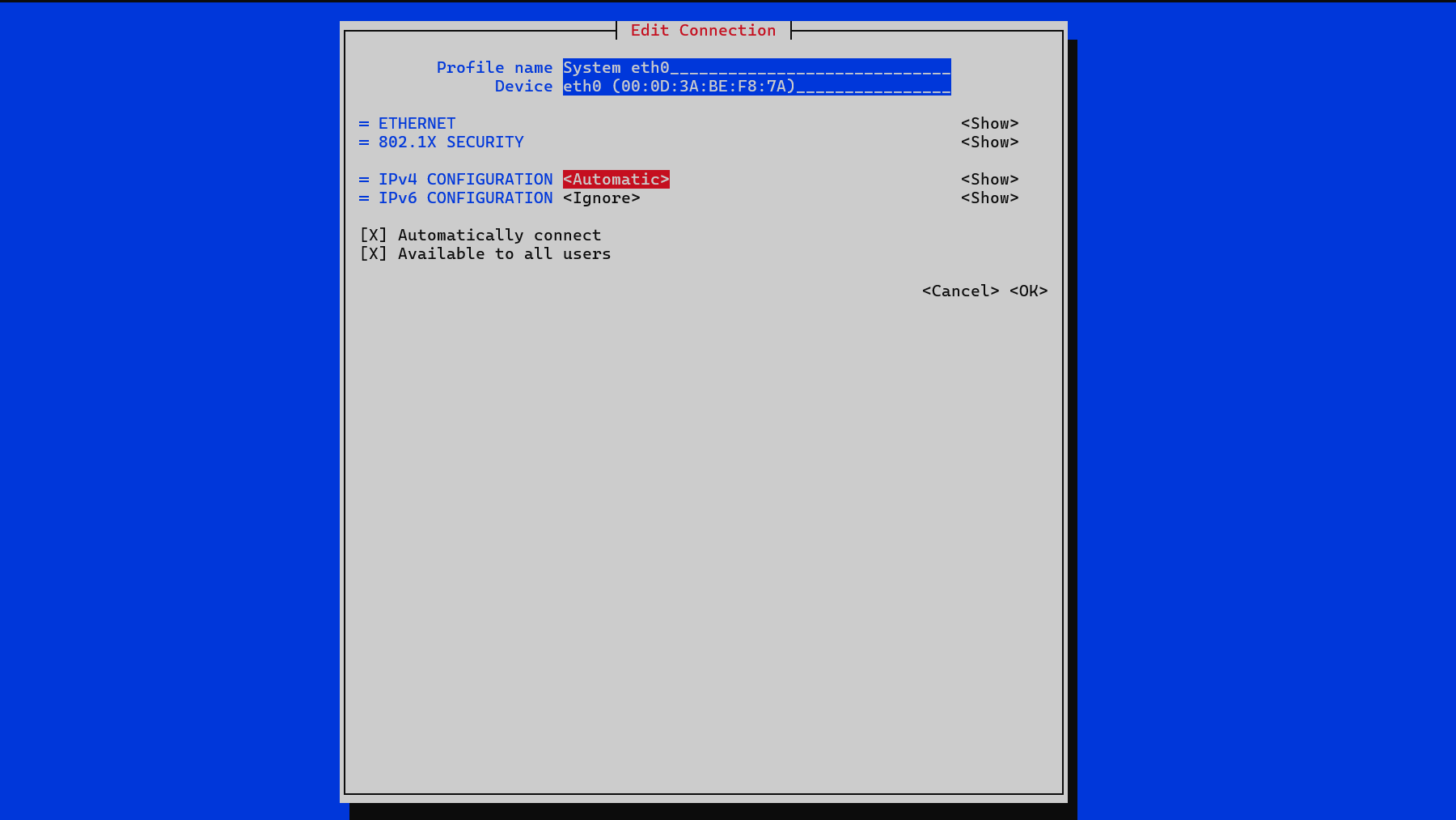 NMTUI showing the highlighted option to select. In this example, the option is labeled "Automatic"