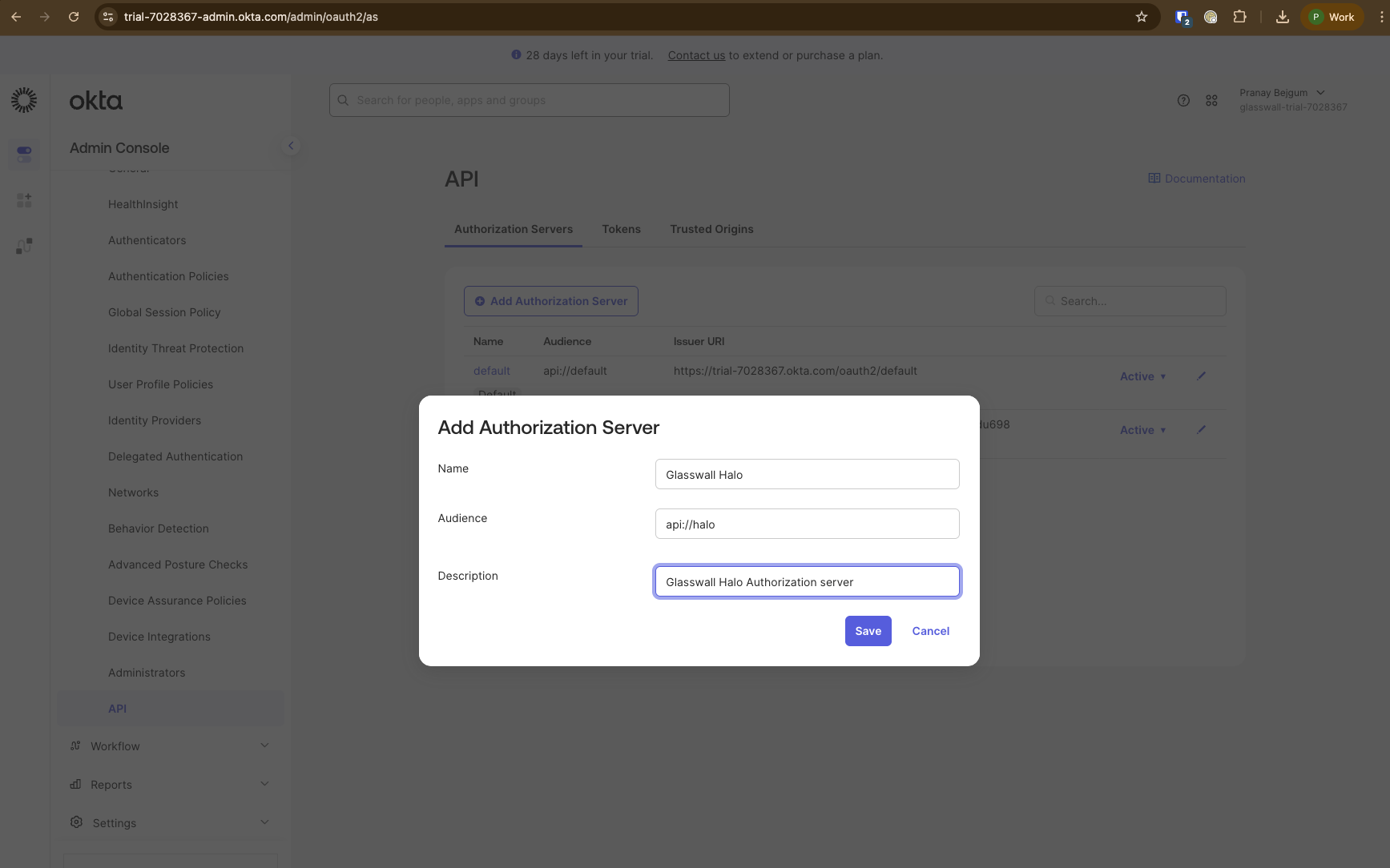 Screenshot: Create new authorization server