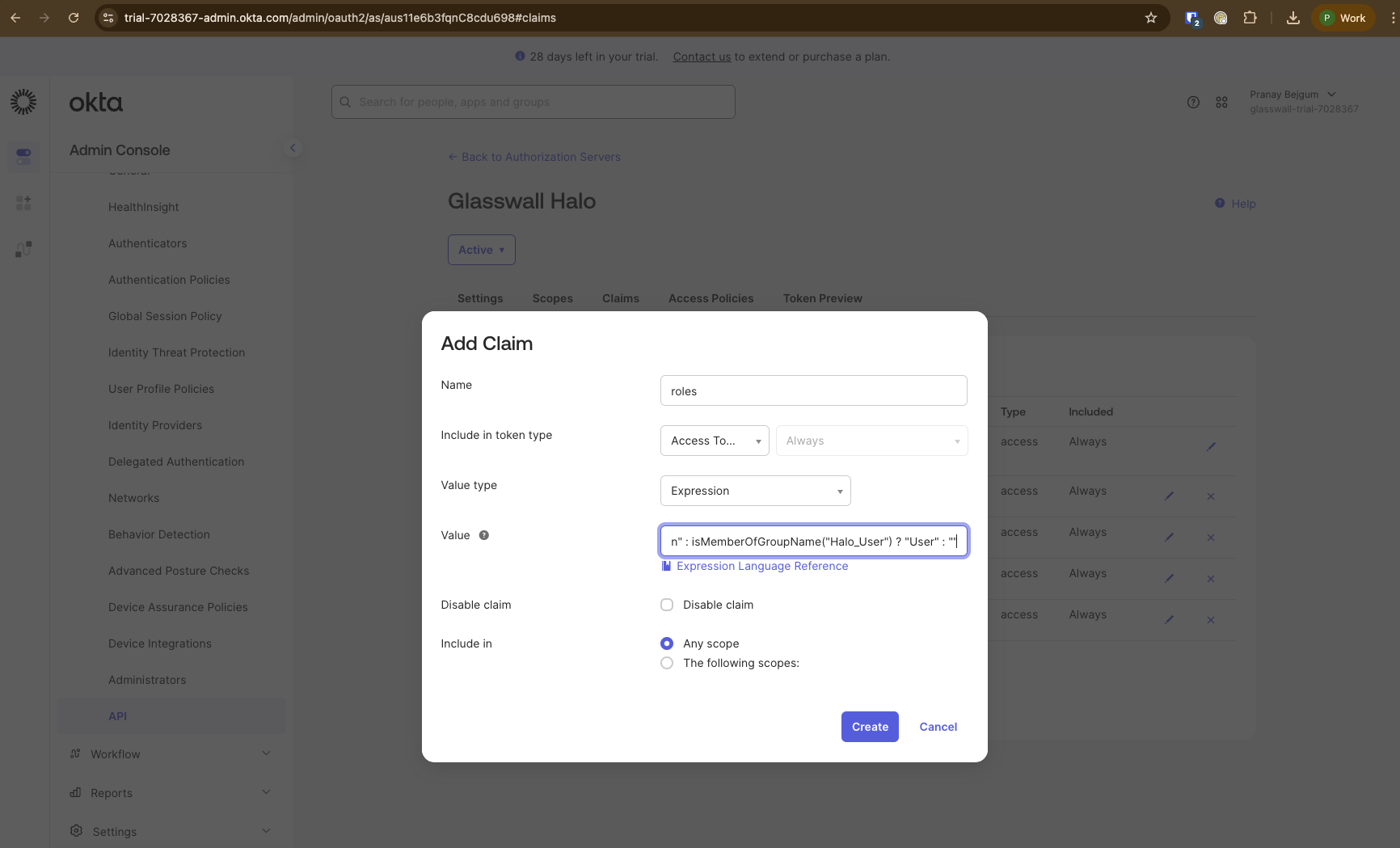 Screenshot: Roles claim using groups with expression