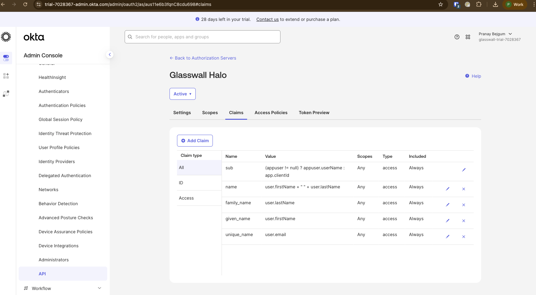 Screenshot: Claims configuration