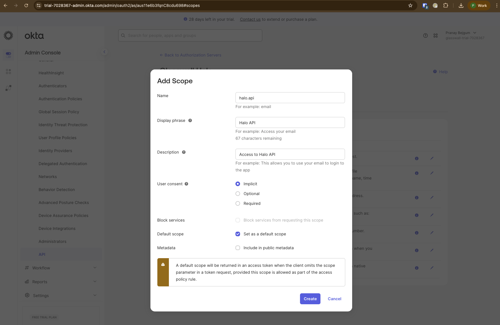 Screenshot: Custom scope configuration