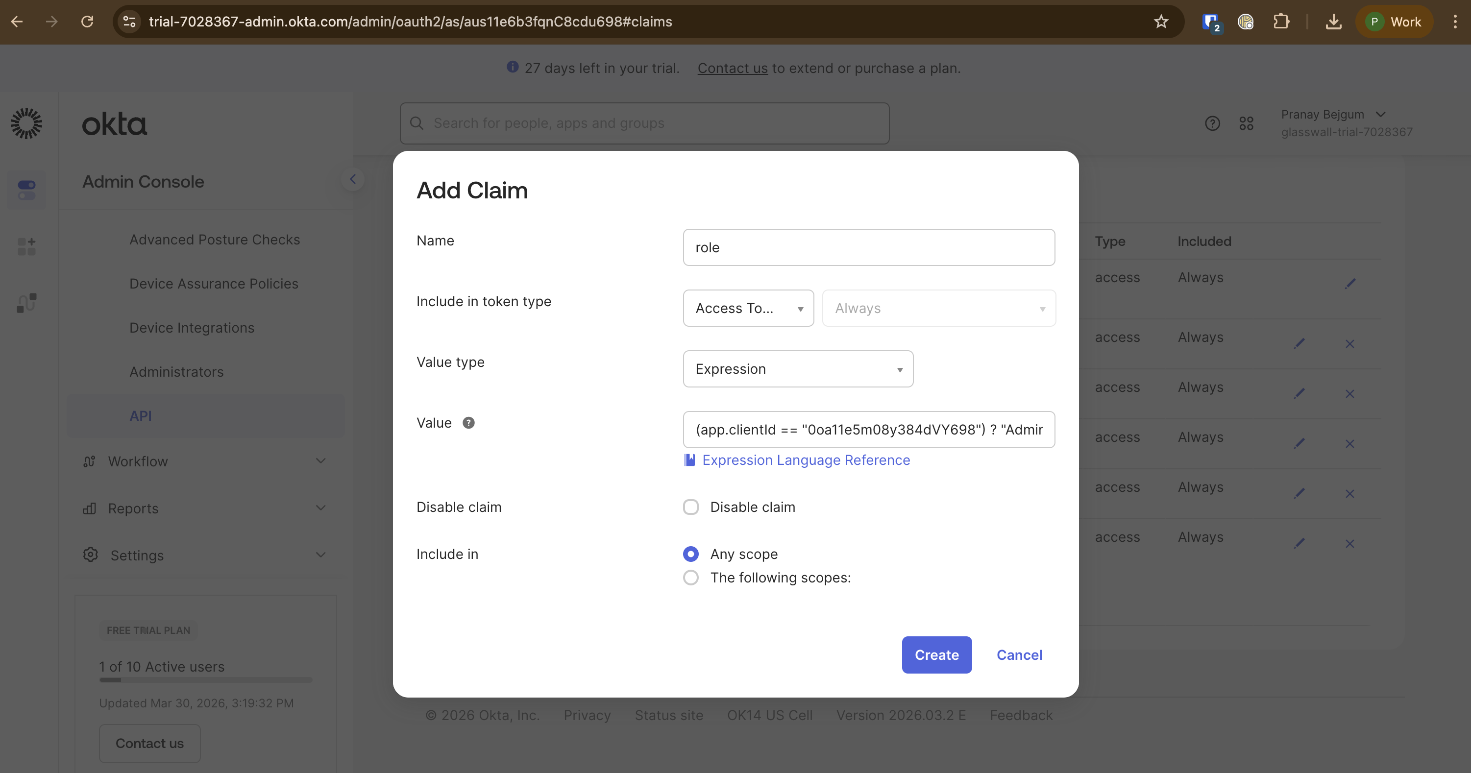 Screenshot: Role claim using client ID expression