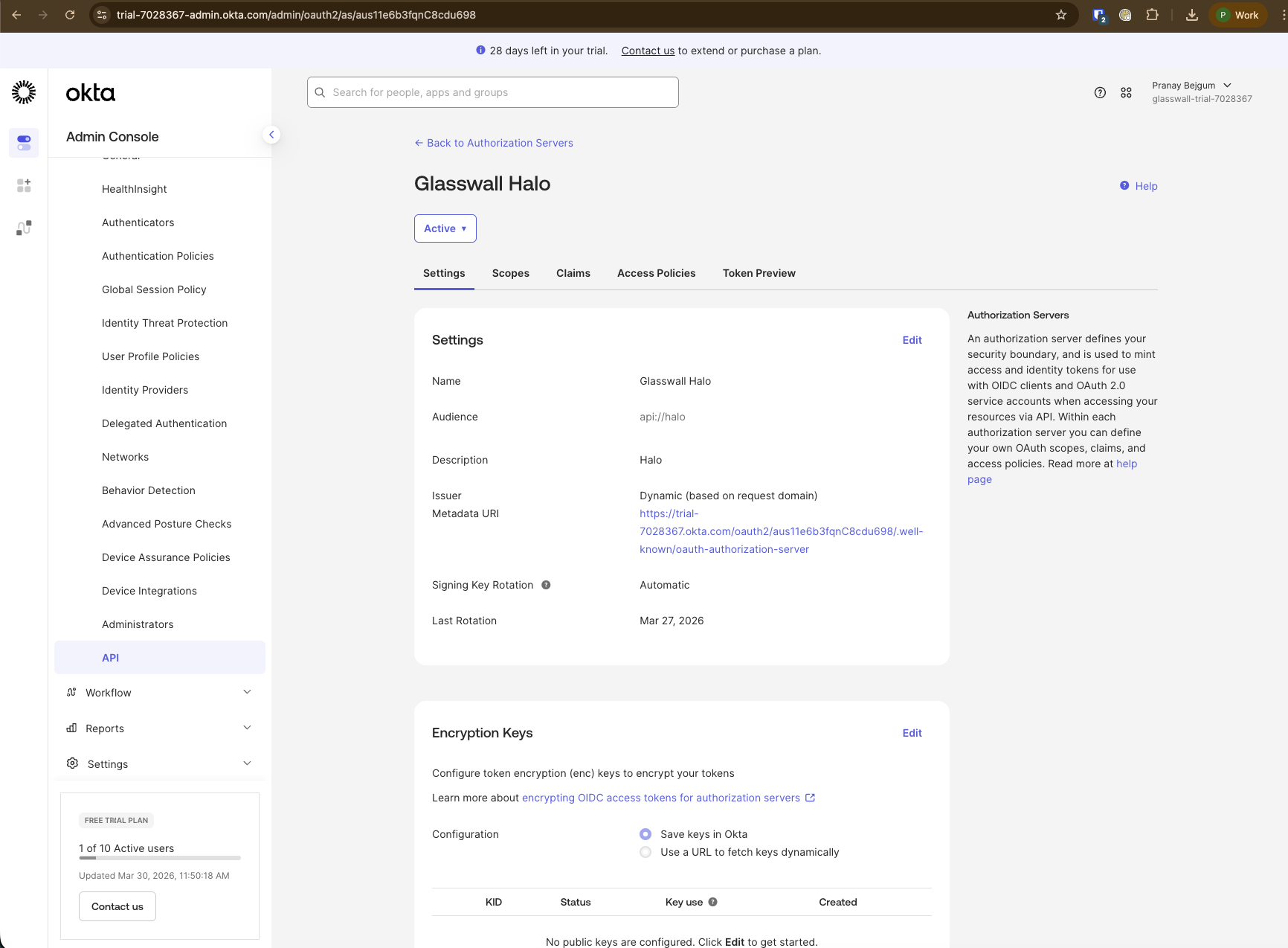 Screenshot: Authorization server details with issuer URI