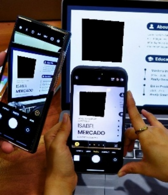 Scene with three qr codes in where each qr code has been overwritten with black pixels