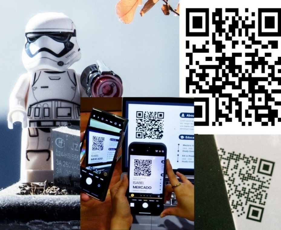 An collage of a Lego stormtrooper, a generated QR code, an scene with three QR codes in and an occluded QR code