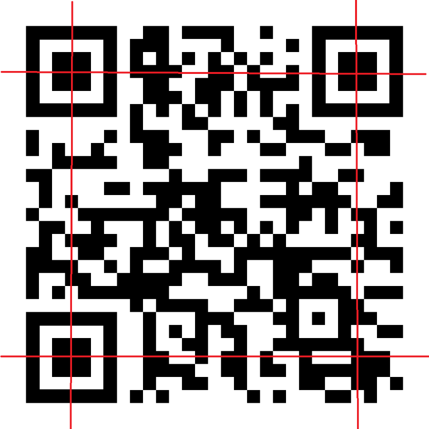 A QR code with horizontal and vertical lines through the centre of each finder pattern